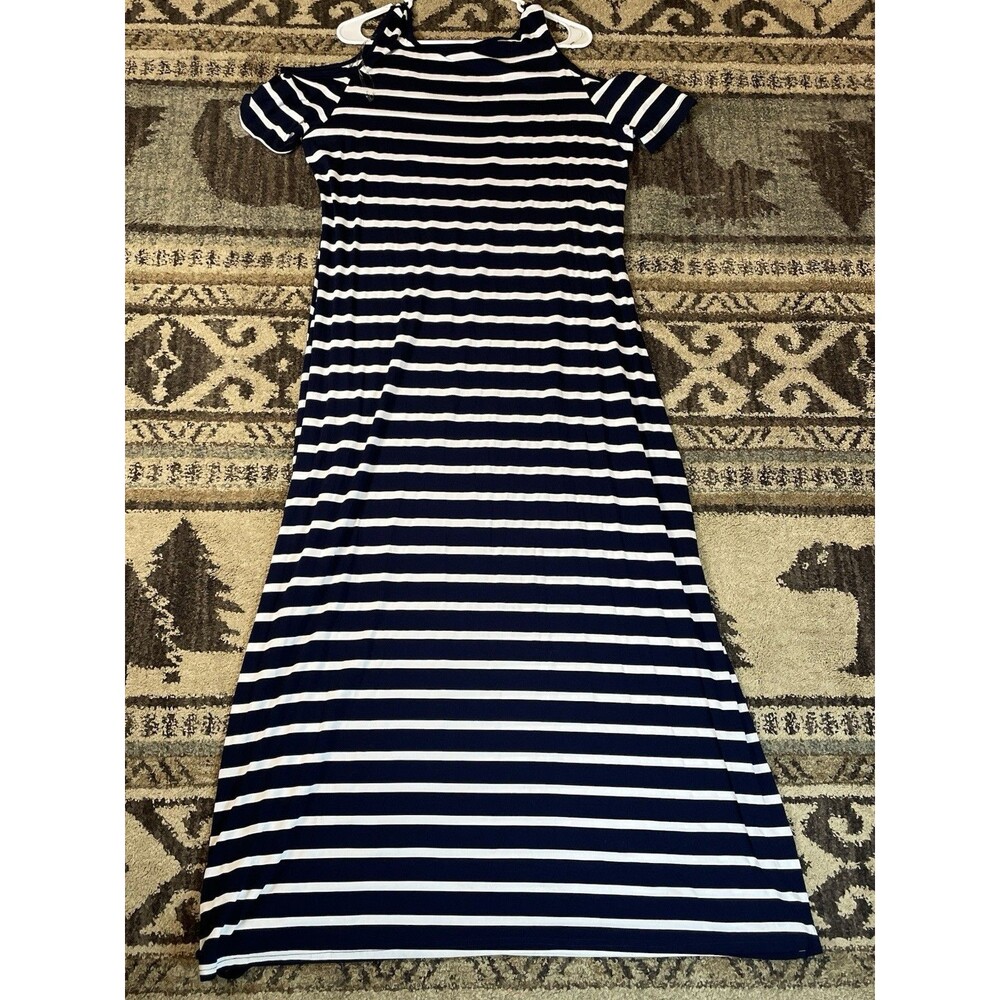 Women’s Plus Size 2x Cold Shoulder Navy Blue Stripe Maxi Dress Relaxx